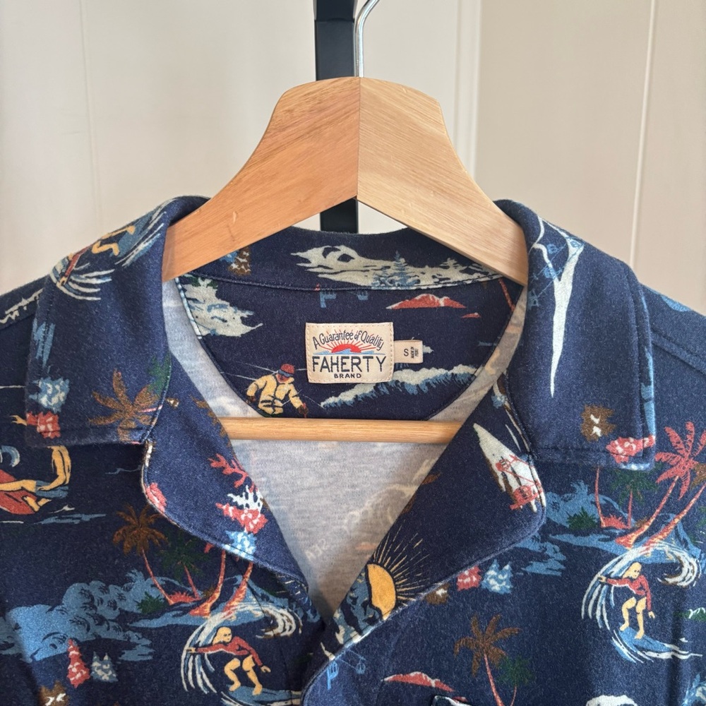 Faherty Men’s Small Navy Ski Print Pima Cotton Blend Shirt Pajama Top Loungewear